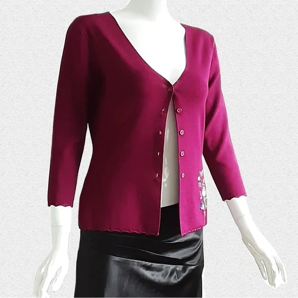 CUE Magenta Cardigan. Hand Embroidered and Beaded Multicolour Flowers - Picture 2 of 9
